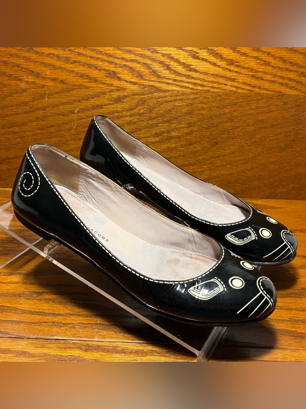Y2K VTG Marc by Marc Jacobs Mouse Face Patent Ballet Flats Black Cream EU38 US 8